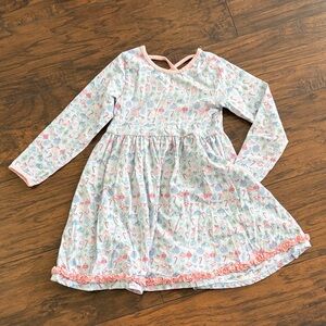 Girls' Long Sleeve Pink & Blue Printed Cotton Dress